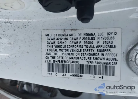 2012 Honda Civic Ex из США, поврежденный, VIN 19XFB2F80CE340600